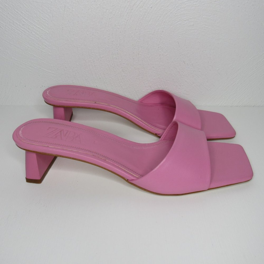 ZARA Pink Leather Block Heel Mule Sandals Size 9